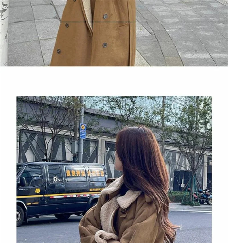 2024 Autumn Winter New Medium Long Double-breasted Lambswool Suede Woolen Coat Women Add Velvet Padded Warm Fur One Woolen Coats