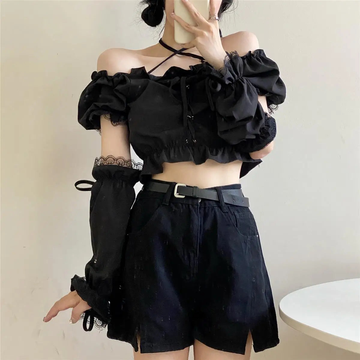 Women's Removable Sleeve T-shirt Drawstring Off Shoulder Crop Top Vintage Shirt Dark Style Harajuku Goth Tee Spring Y2k