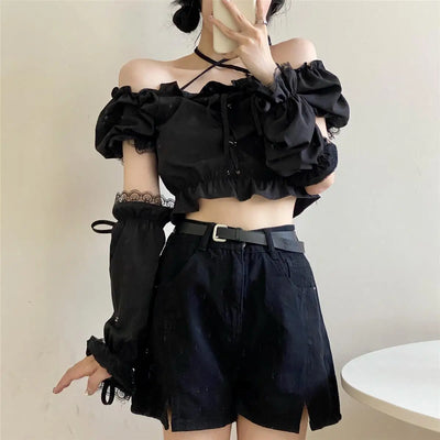 Women's Removable Sleeve T-shirt Drawstring Off Shoulder Crop Top Vintage Shirt Dark Style Harajuku Goth Tee Spring Y2k