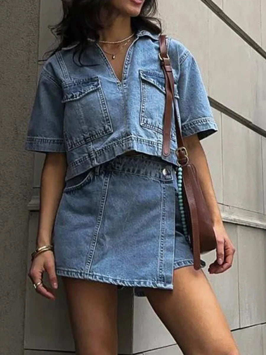 Women’s 2 Piece Denim Outfits Short Sleeve Lapel Jean Tops and Asymmetrical Shorts Set Streetwear