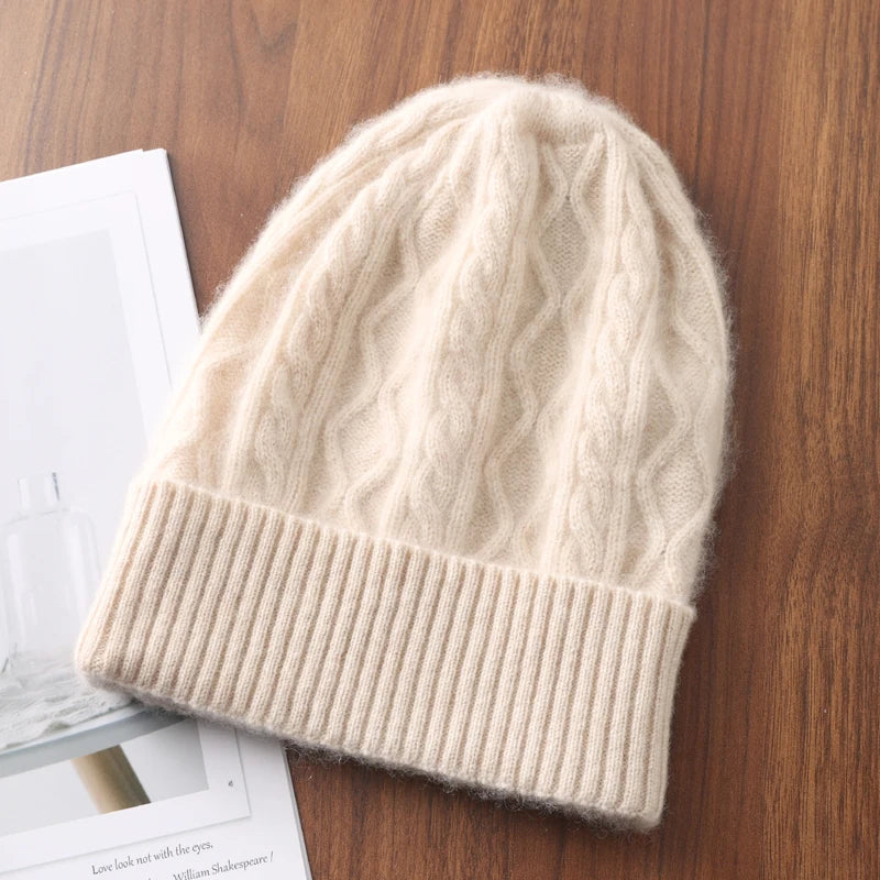100%Pure Cashmere Women's Winter Hat 2023 Warm Wool Soft Beanie Bonnet y2k Rhombus Luxury Beanies For Lady Knitted Skullies Cap