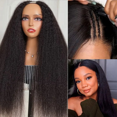 Kinky Straight 3 In 1 Half Wigs 100% Human Hair Brazilian Glueless Seamless Flip Over Yaki Straight V Part Wig Beginner Friendly