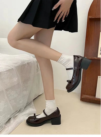 Round Toe Mid Heel Women Shoes 2024 Spring New Black Patent Leather Mary Jane Shoes Japanese Lolita Women's Pumps Zapatos Mujer