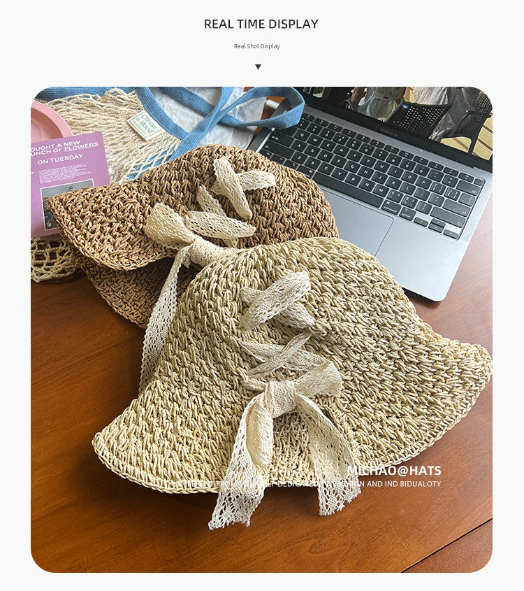 Straw Hat Female Summer New French Woven Bows Sun-Proof Bucket Hat Fresh Beach Trip Vacation Sun Hat