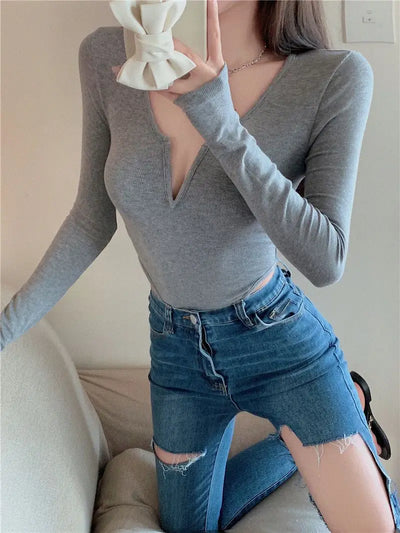 Women's Slim Bodysuit Sexy Solid Color Long Sleeve T-shirt Korean Skinny Top Club Party Festival Outfit Black Gothic One-pieces