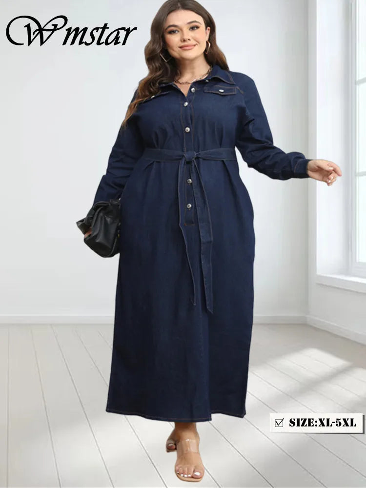 Wmstar Plus Size Denim Dresses for Women Button Solid Long Fashion Elegant Maxi Dress Fall Winter Clothes Wholesale Dropshipping