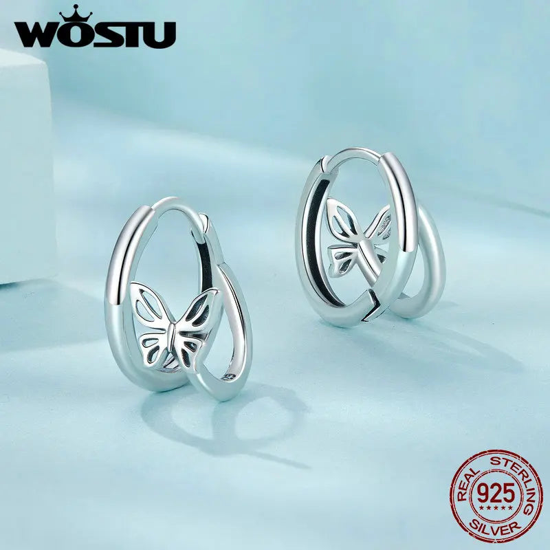 WOSTU Real 925 Sterling Silver Original Butterfly Hoop Earrings Oxidation For Women Wedding Party Daily Gift DIY Fine Jewelry