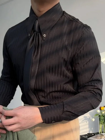 New Daily Business Leisure Mens Stripe Shirt Vintage Single Breasted Slim Fit Office Man Slim Fit Shirts Turn-Down Collar Tops