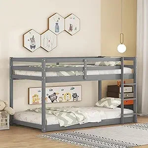 Low Bunk Beds Twin XL Over Queen Floor Bunk Bed with Ladder and Guardrail Wood Detachable Bunk Bed Frame for Boys, Girls, No Spr