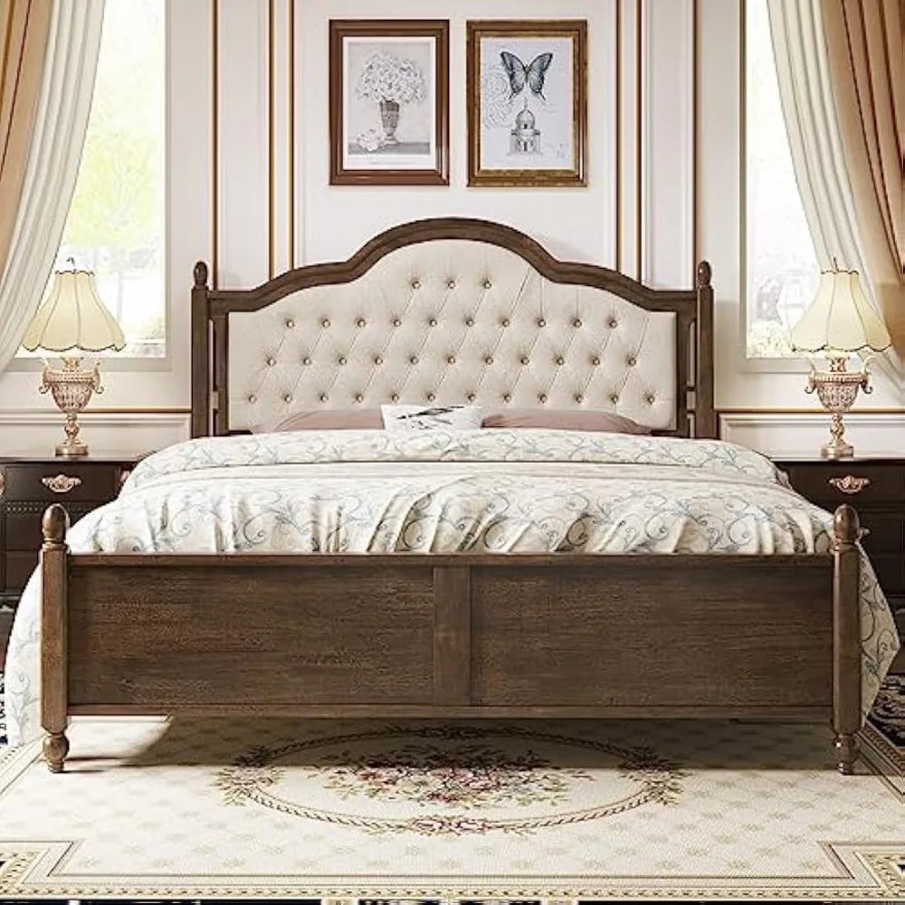 King Size Wood Bed Frame with Upholstered Headboard, Solid Wood Platform Bed with Linen Tufted, No Box Spring Needed