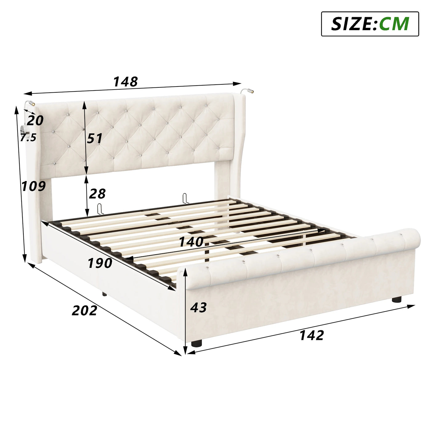 Double bed, 140x190 cm, equipped with LED strip and USB port, with a hydraulic storage chest, velvet fabric