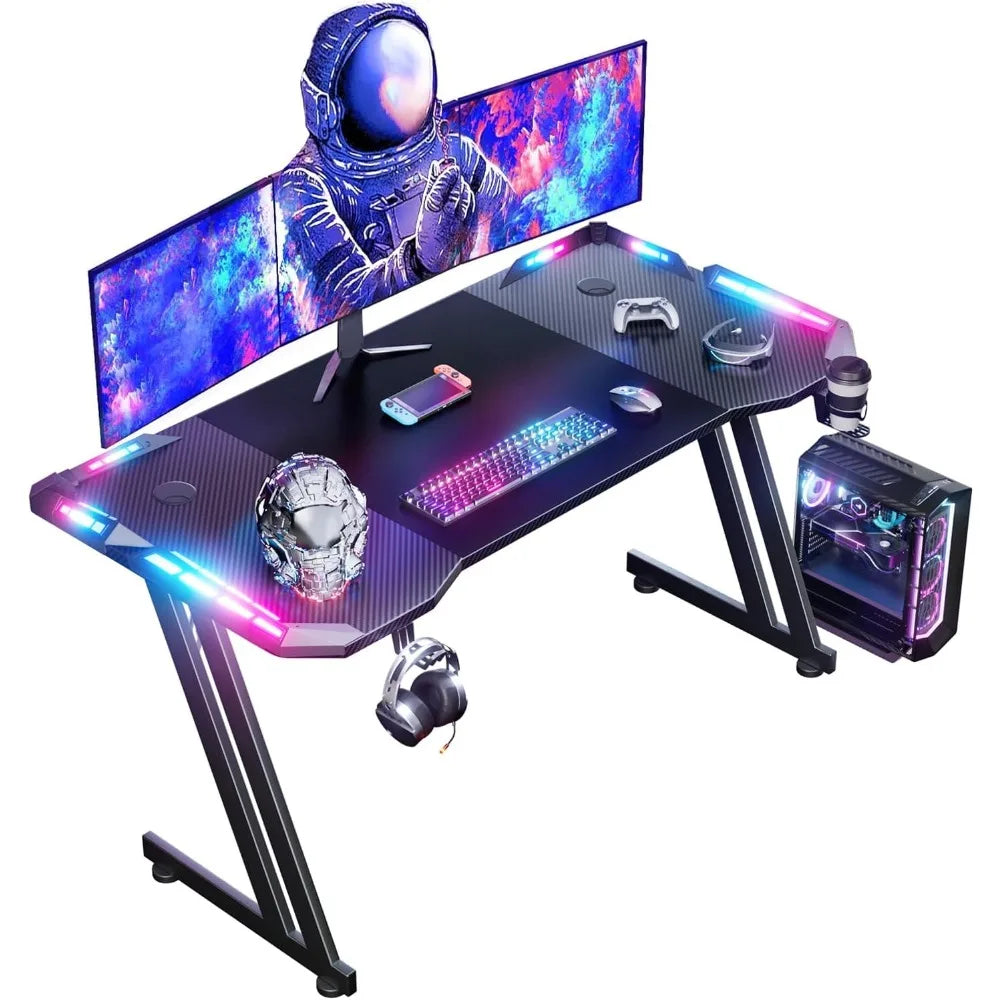 120 x 60 cm LED Gaming Desk, Large Gaming Desk with Carbon Fibre Tray, Ergonomic Computer Desk with Mouse Pad