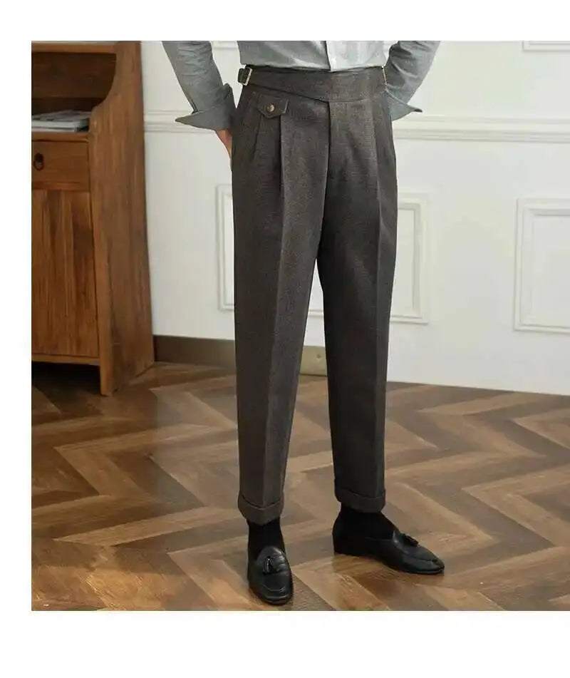 2023 Autumn Winter Men's Warm Retro Straight Trouser Male Casual British High Waist Pants Office-trousers Dress Pant Trousers