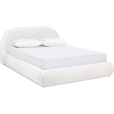 Grounded Bed Frame - Chenille White Bed Frames with Arch-Shaped Headboard and Wooden Slat Support, Upholstered Platform Bed