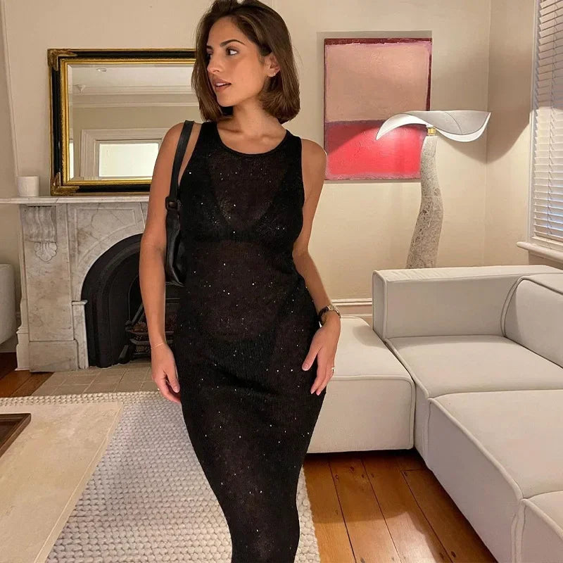 TARUXY Sexy See Through Sequins Maxi Dress For Women Beach Holiday Dress Sleeveless Elegant High Waist Bodycon Hot Girl Outfits