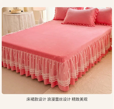 2024 hot solid color Korean version lace bed skirt kit flannel quilt cover thickened warm four-piece set