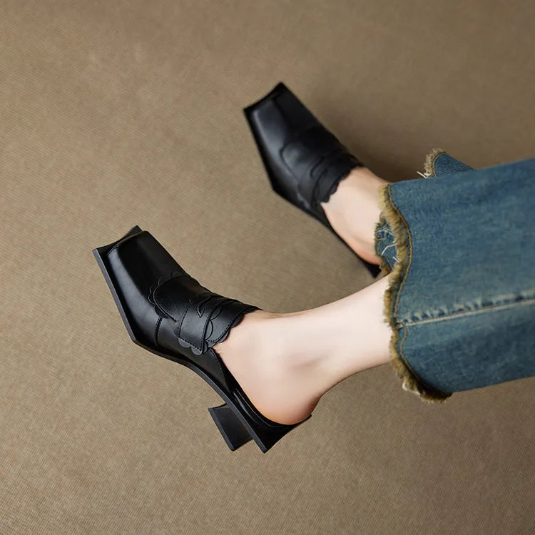 NEW Summer Women Mules Genuine Leather Shoes for Women Square Toe Chunky Heel Shoes Cover Toe Slingback Sandals Modern Slippers