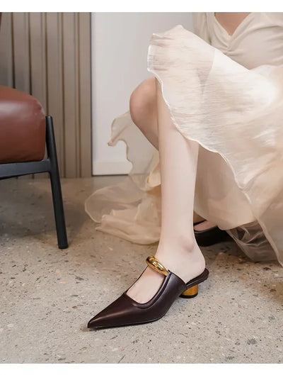 Punk Gothic Metal Buckle Low Heels Sandals Women 2025 New Pointed Toe Thick Heeled Summer Slippers Woman Platform Muller Shoes