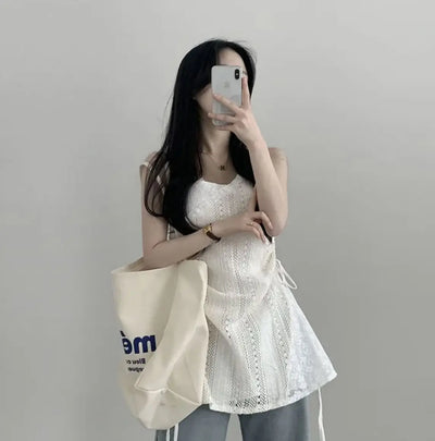 Hot Girl Korean Style Drawstring Lace-up Waist Lace Short Suspender Dresses + White Inner Wear Bottoming Sling Top Two-piece Set