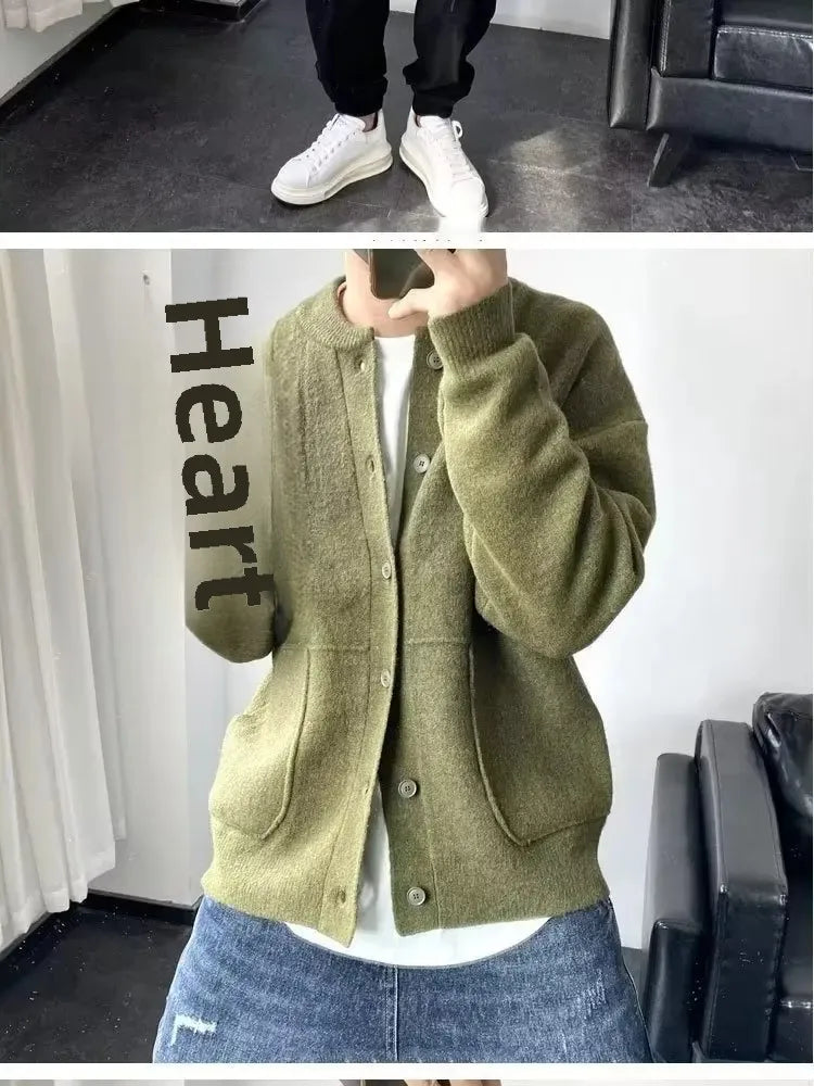 Autumn Winter New Style Men's Knitted Cardigan Sweater Casual Pure Color Lazy Fashion Youth Versatile Knitwear Coat