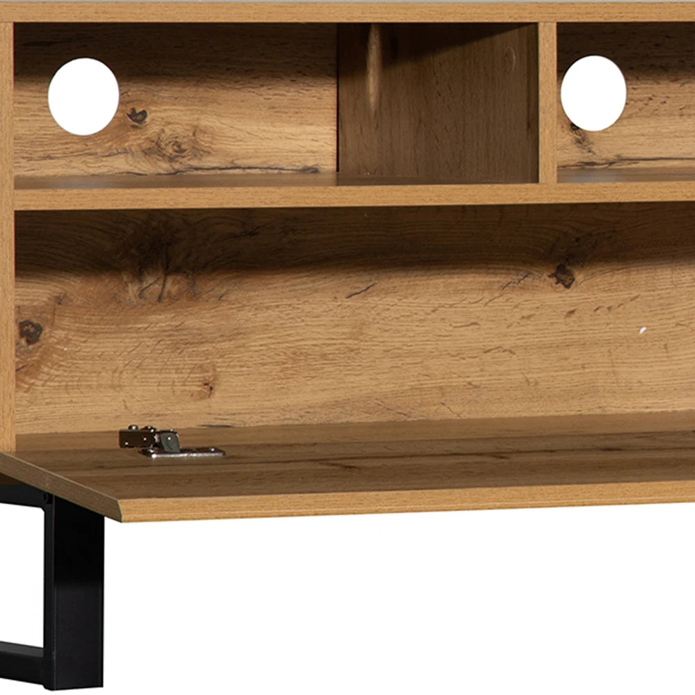 180cm Modern TV Cabinet w/Wood & Grey Contrast - Open Storage w/Black Iron Base