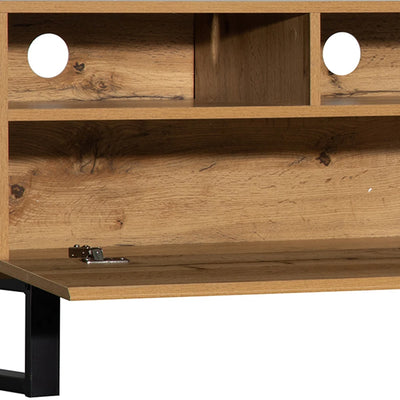 180cm Modern TV Cabinet w/Wood & Grey Contrast - Open Storage w/Black Iron Base