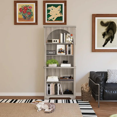 71" Tall Arched Bookcase with Storage, Modern 6-Tier Arched Cabinet with Door,Arched Bookshelf Cabinet with Open Display Storage