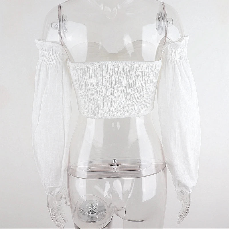 WhereMery Y2K White Off Shoulder Crop Tops Sexy Deep V-neck Puff Long Sleeves T Shirt Fashion Chic Bow Bandage Exposed Navel Top