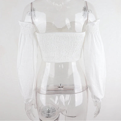 WhereMery Y2K White Off Shoulder Crop Tops Sexy Deep V-neck Puff Long Sleeves T Shirt Fashion Chic Bow Bandage Exposed Navel Top