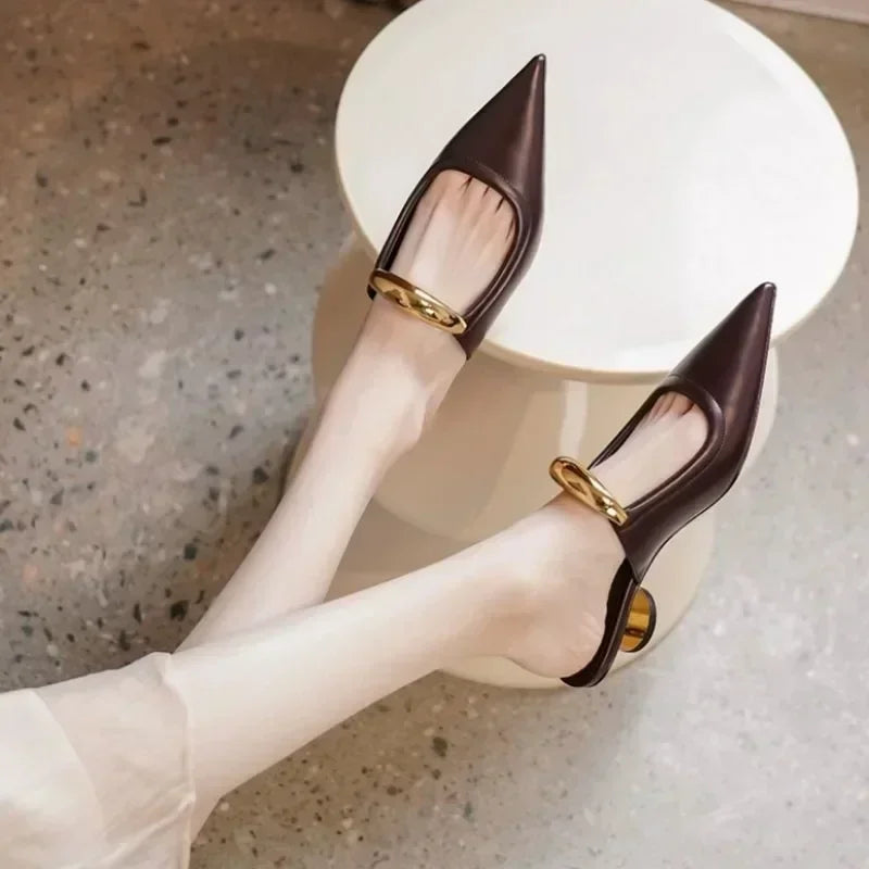 Punk Gothic Metal Buckle Low Heels Sandals Women 2025 New Pointed Toe Thick Heeled Summer Slippers Woman Platform Muller Shoes