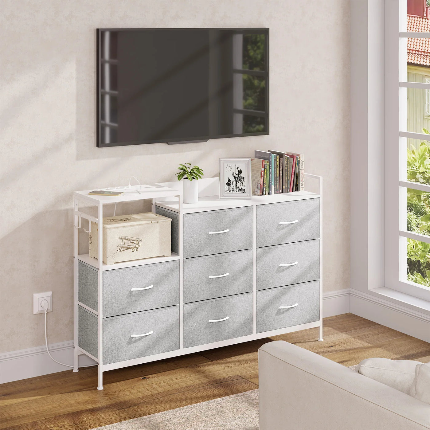 Chest of Drawers with 8 Fabric Drawer Sideboard Storage Cabinet for Kitchen Office with Charging Sockets Steel Frame 132x88x30cm