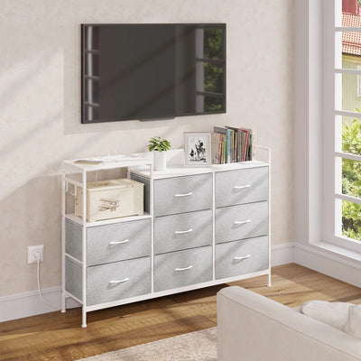 Chest of Drawers with 8 Fabric Drawer Sideboard Storage Cabinet for Kitchen Office with Charging Sockets Steel Frame 132x88x30cm