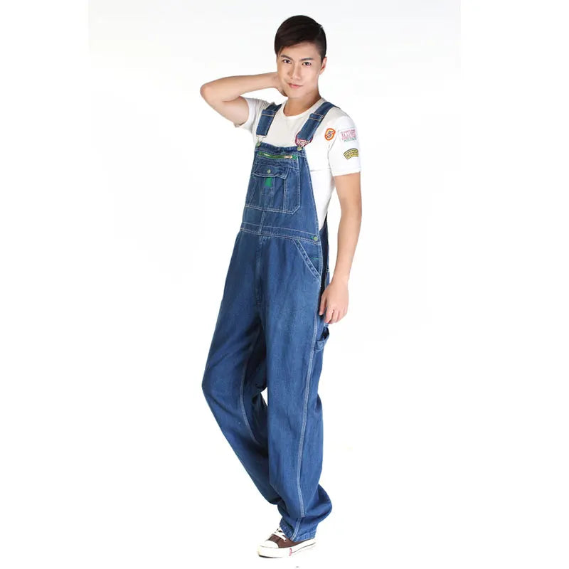 Men's Overalls Jumpsuit Large Size Strap Straight Blue Jeans With 7 Pockets