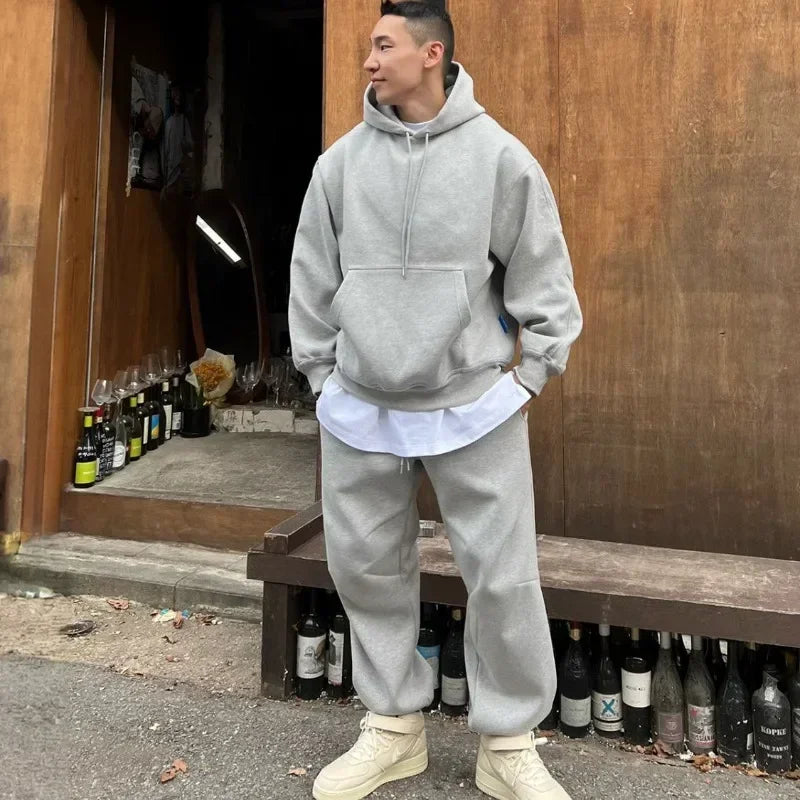 Hooded Sweatshirt Men's Autumn Winter Velvet Two-piece Set American Oversize Loose Casual Sweatpants Suit Aesthetic Streetwear