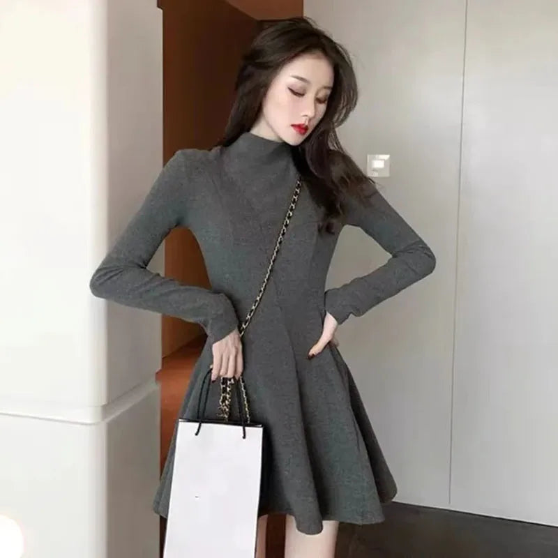 Xpqbb Women Elegant Waist-Tight Mini Dress 2025 Autumn Winter Long Sleeve Slim Dresses Woman Korean Fashion Party Pleated Dress