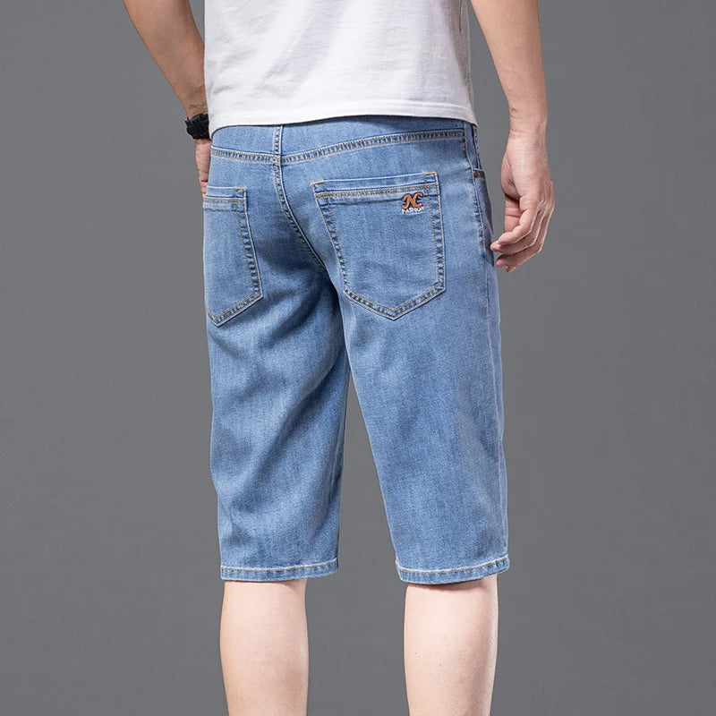 Fashion Men's Straight Denim Shorts Summer Thin Elastic Casual Bermuda Jeans Breathable Fabric Male Clothes Boardshorts