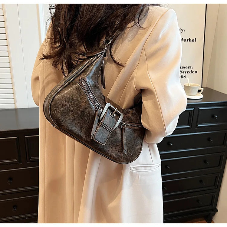 Retro Belt Design PU Leather Shoulder Bags for Women 2024 Y2K Small Vintage Female Underarm Crossbody Bag Fashion Handbags
