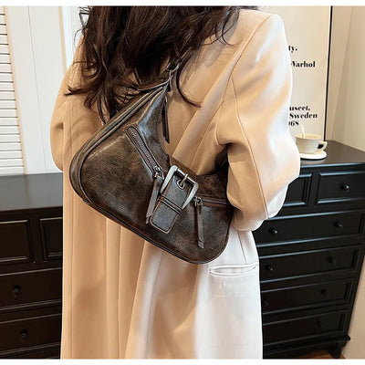 Retro Belt Design PU Leather Shoulder Bags for Women 2024 Y2K Small Vintage Female Underarm Crossbody Bag Fashion Handbags