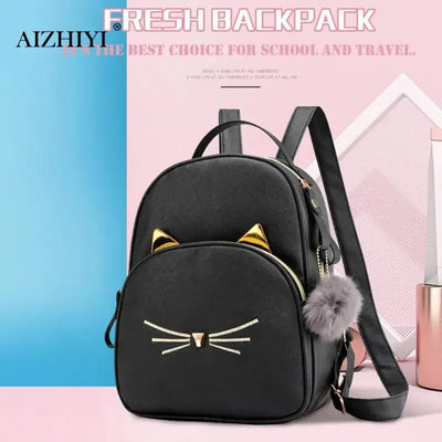Travel Backpack Women Rucksack Teenagers 2023 Student School Bags for Girls Cartoon Cat PU Leather Satchel Black Shoulder Bag