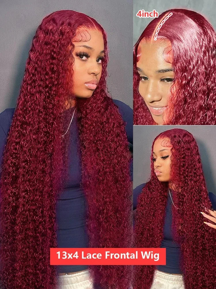 Curly 99J Burgundy 30 Inch Deep Wave 13x4 Lace Front Wig Wet And Wavy Red Colored wigs HD Lace Frontal 100% Human Hair Wigs