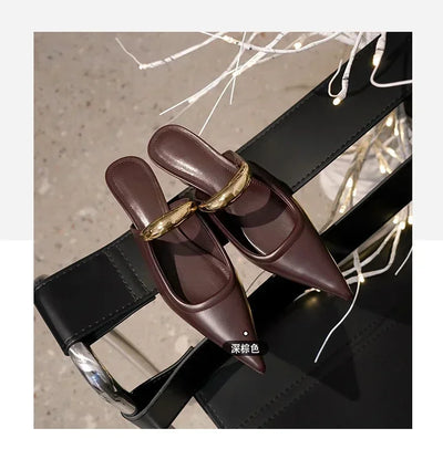 Punk Gothic Metal Buckle Low Heels Sandals Women 2025 New Pointed Toe Thick Heeled Summer Slippers Woman Platform Muller Shoes