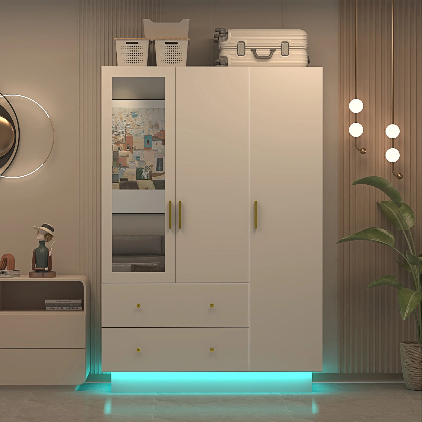 Modern Wooden Armoire Wardrobe Closet with Hanging Rod for Bedroom, 3 Door Wardrobe Closet with Mirror & LED Lights,White