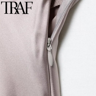 TRAF 2025 Woman Fashion Silk Texture Midi Dress Casual Slim Short Sleeve V Neck Midi Long Dresses Vestidos Mujer