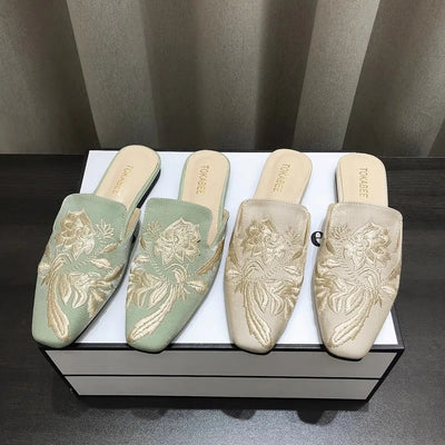 Women's Mules Slippers Summer Footwear Flats Retro Chinese Style Flowers Elegant Dress Low Heel Sandals Designer Slides on sales