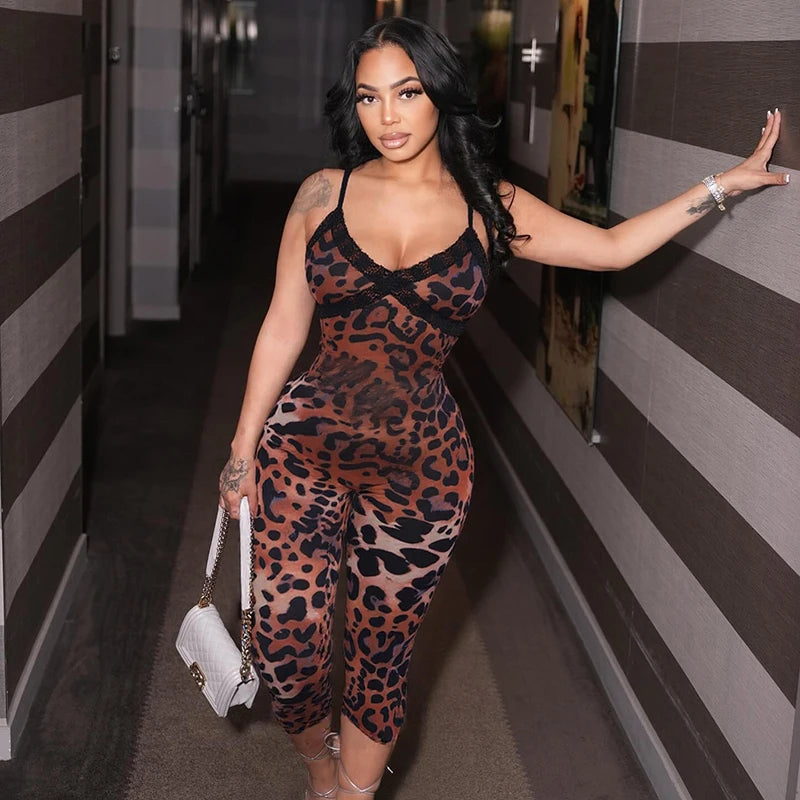 CUTENOVA New Women'S Leopard Print Lace Trim Patchwork Camisole Jumpsuit Bodycon Seven Points Jumpsuit Fashion Streetwear Romper