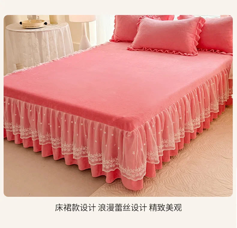 2024 hot solid color Korean version lace bed skirt kit flannel quilt cover thickened warm four-piece set