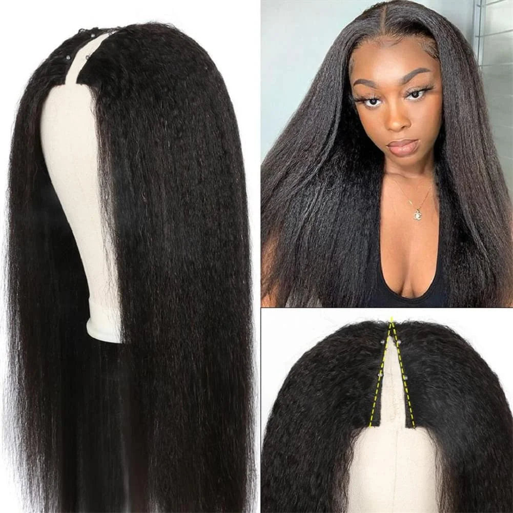 Kinky Straight 3 In 1 Half Wigs 100% Human Hair Brazilian Glueless Seamless Flip Over Yaki Straight V Part Wig Beginner Friendly