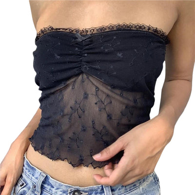 Xingqing y2k Off Shoulder Top Women Fairy Grunge Clothes Summer Sleeveless Lace Trim Patchwork Strapless Tshirt 2000s Streetwear