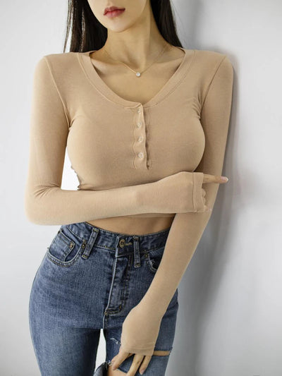 Button V-Neck Sexy Crop Top female long Sleeve Sashion Solid Color lady Tees Comfy Summer Basic Chic Thin T shirt See Through