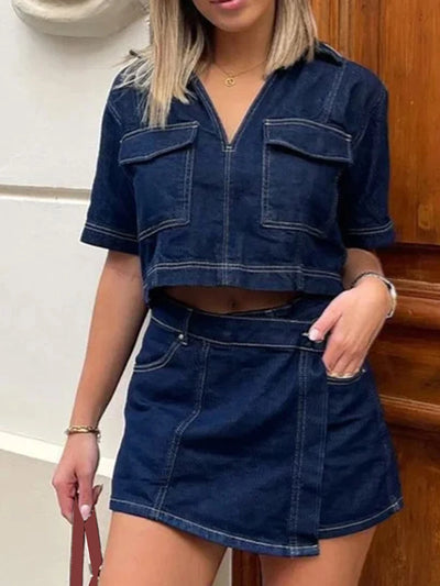 Women’s 2 Piece Denim Outfits Short Sleeve Lapel Jean Tops and Asymmetrical Shorts Set Streetwear